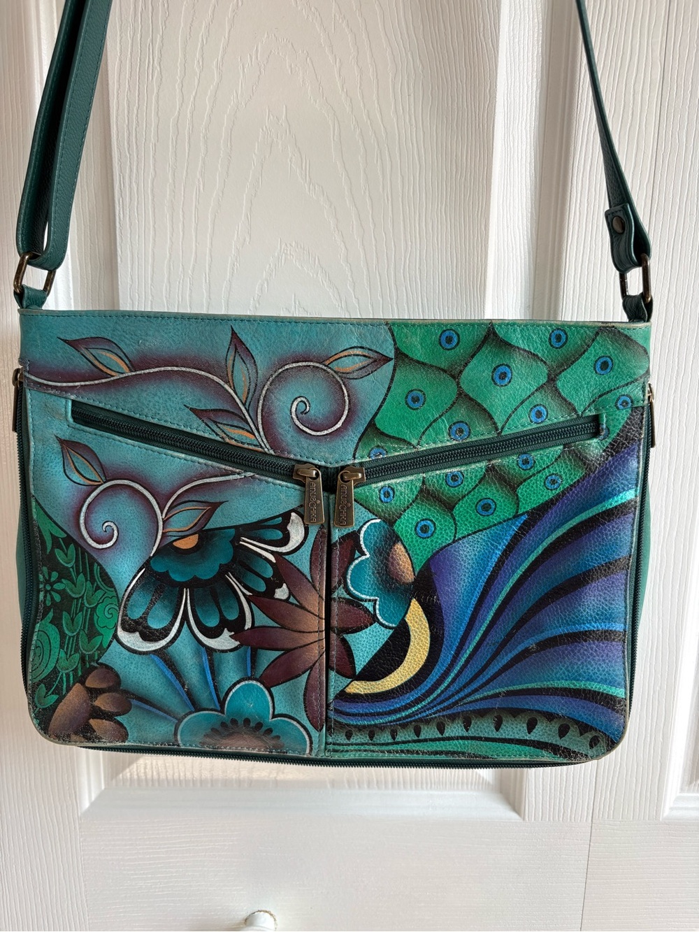 Anuschka Hobo Bag Purse Hand Painted Floral Peacock Leather Green Blue Artsy - Picture 2 of 12